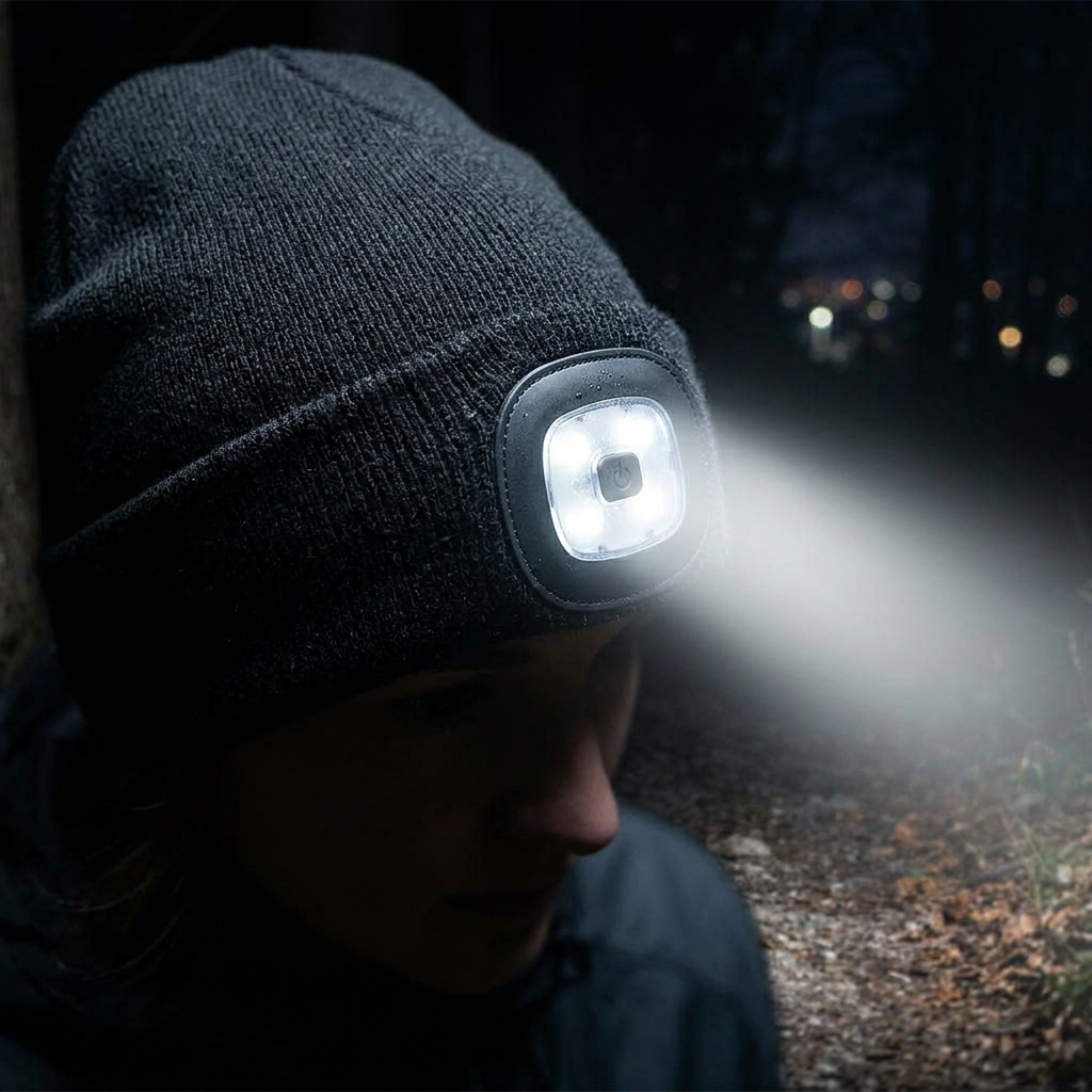 Czapka z lampką LED w użyciu po zmroku